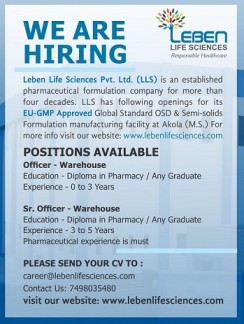 Leben Life Sciences Pvt. Ltd-Openings for Freshers & Experienced in Warehouse Dept. -Apply Now